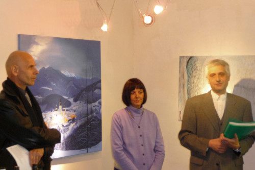 Er&ouml;ffnungsredner Otto Kapfinger, K&uuml;nstlerin W.Julia Wechner, J.H.G. er&ouml;ffnen die Ausstellung am Abend des 17. Okt 2008