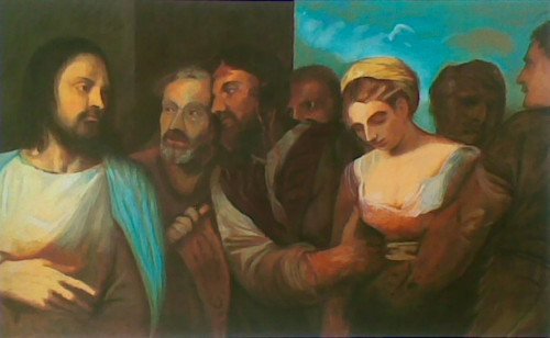 nach Tizian 'die Ehebrecherin' (KHM Kunsthistorisches Museum Wien), J.H.G.: Vers&ouml;hnung, 2010, &Ouml;l auf Leinwand, 49x79 cm